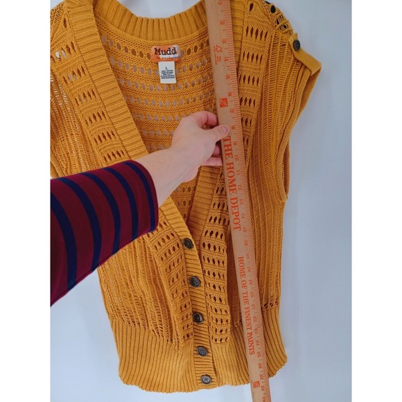 MUDD Cardigan Womens Large Mustard Sleeveless Button-Down Cable Knit 100% Cotton - Picture 4 of 7